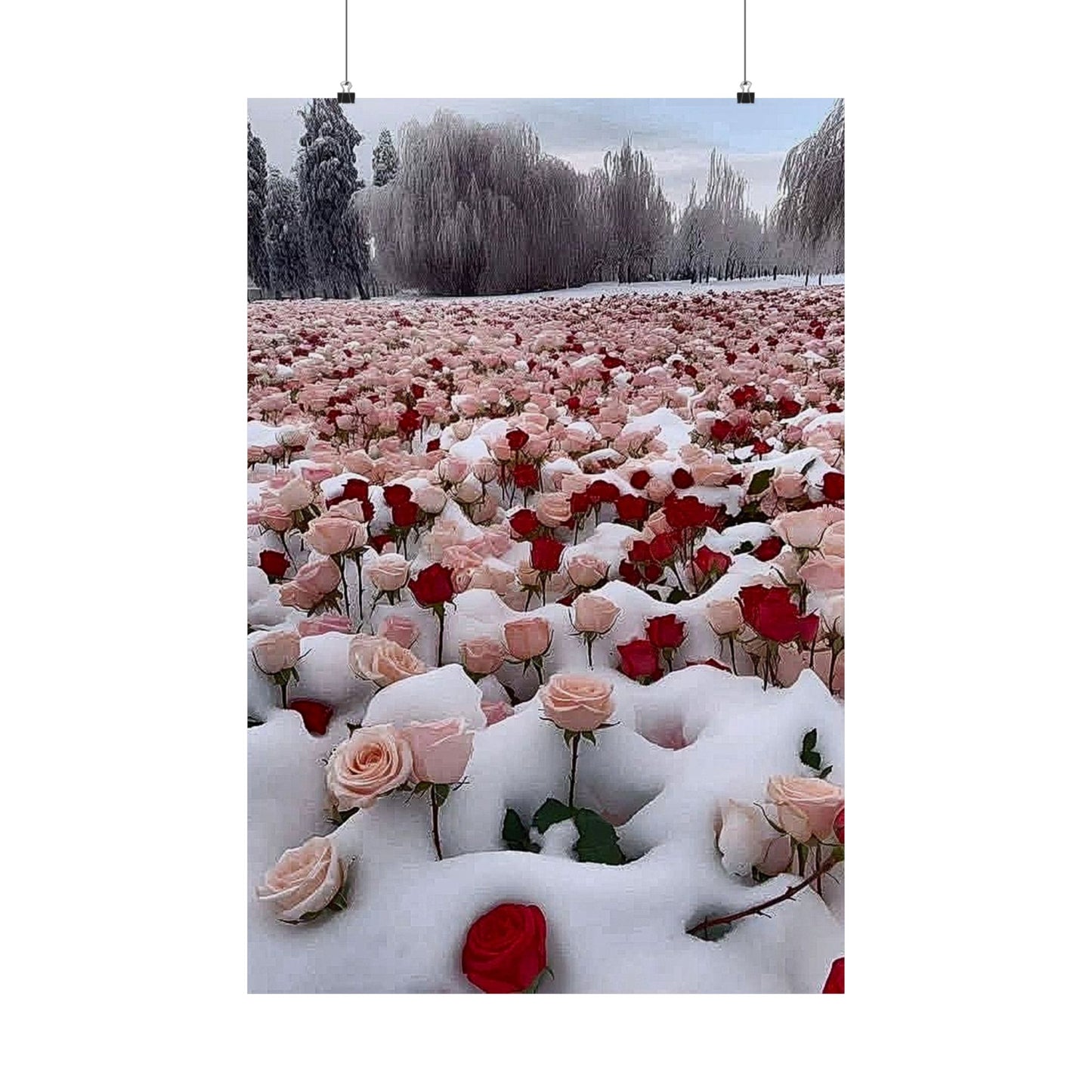 Red & Pink Matte Floral Wall Art in a beautiful bed of Snow