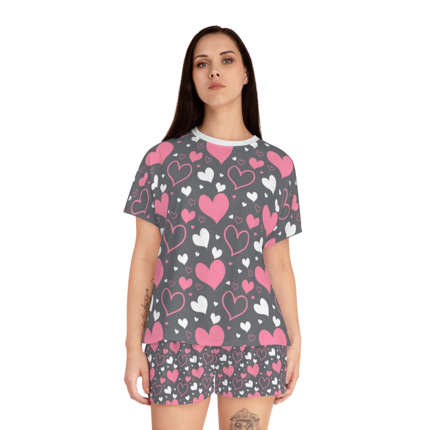 Women's Pajama Set - Grey with Pink Hearts