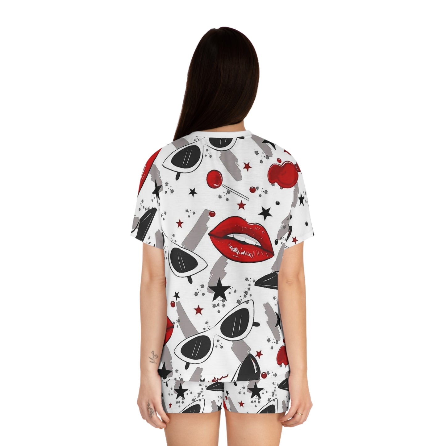 Women's Pajama Set with Lips, Stars, and Shades Design