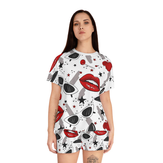 Women's Pajama Set with Lips, Stars, and Shades Design