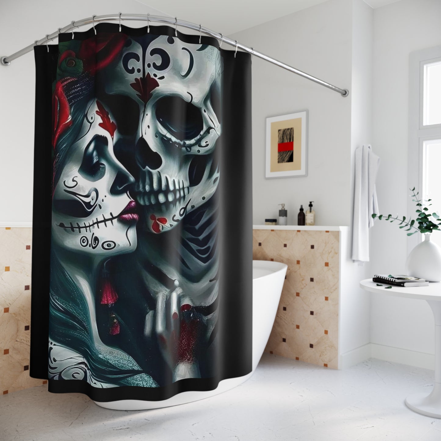 Skeleton Love Shower Curtain, Gothic Bathroom Decor, Skulls Bath Curtain, Dark Romance Gothic Bathroom Art.