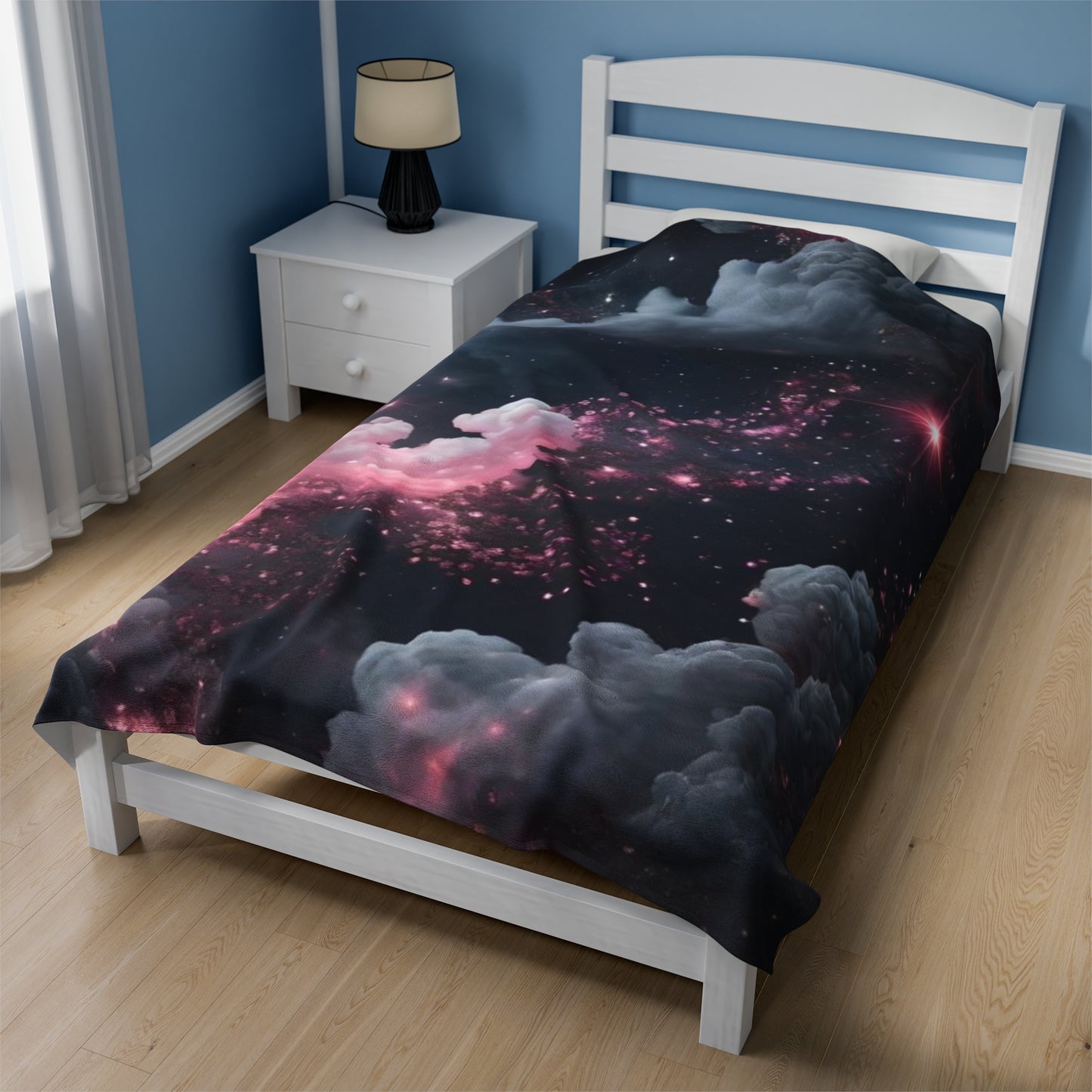 Velveteen Plush Blanket - Pink Clouds and Stars Design