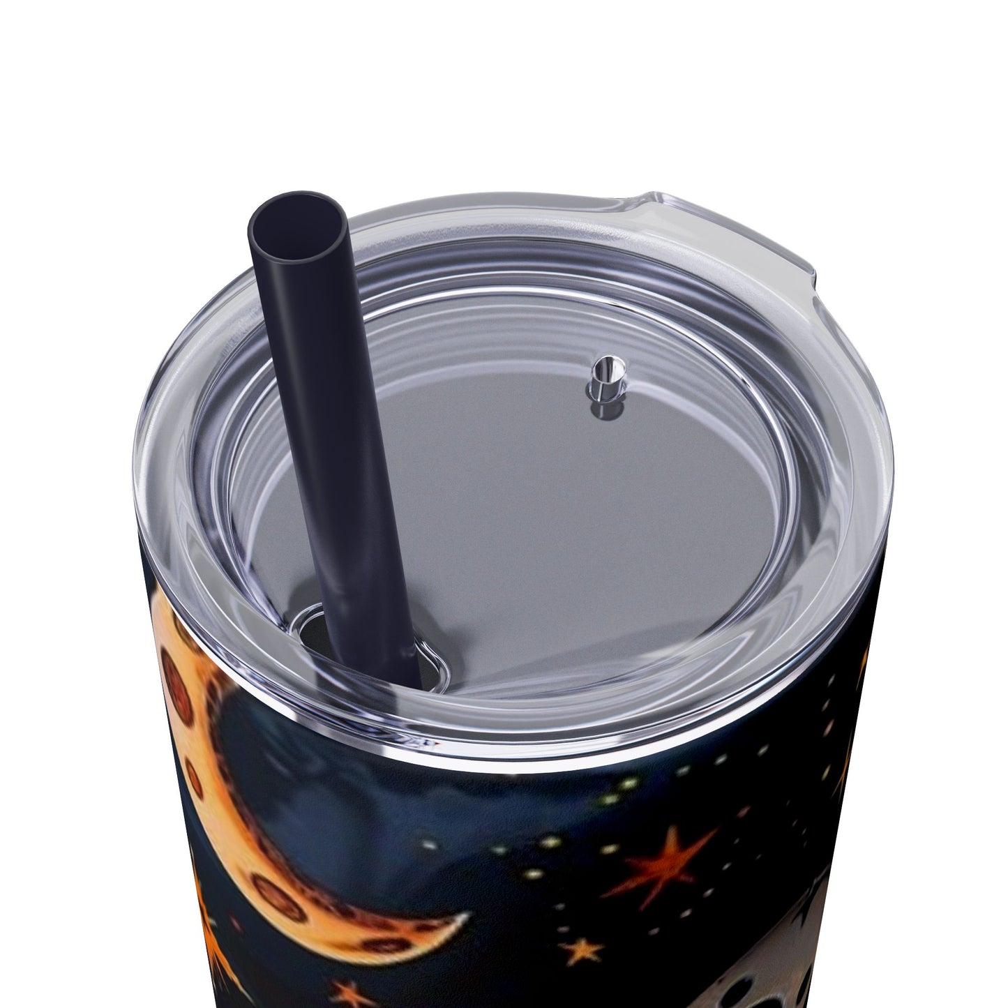 Celestial Skinny Tumbler, Moon Stars Sun Design, 20oz Cup with Straw, Galaxy. Free Domestic Shipping