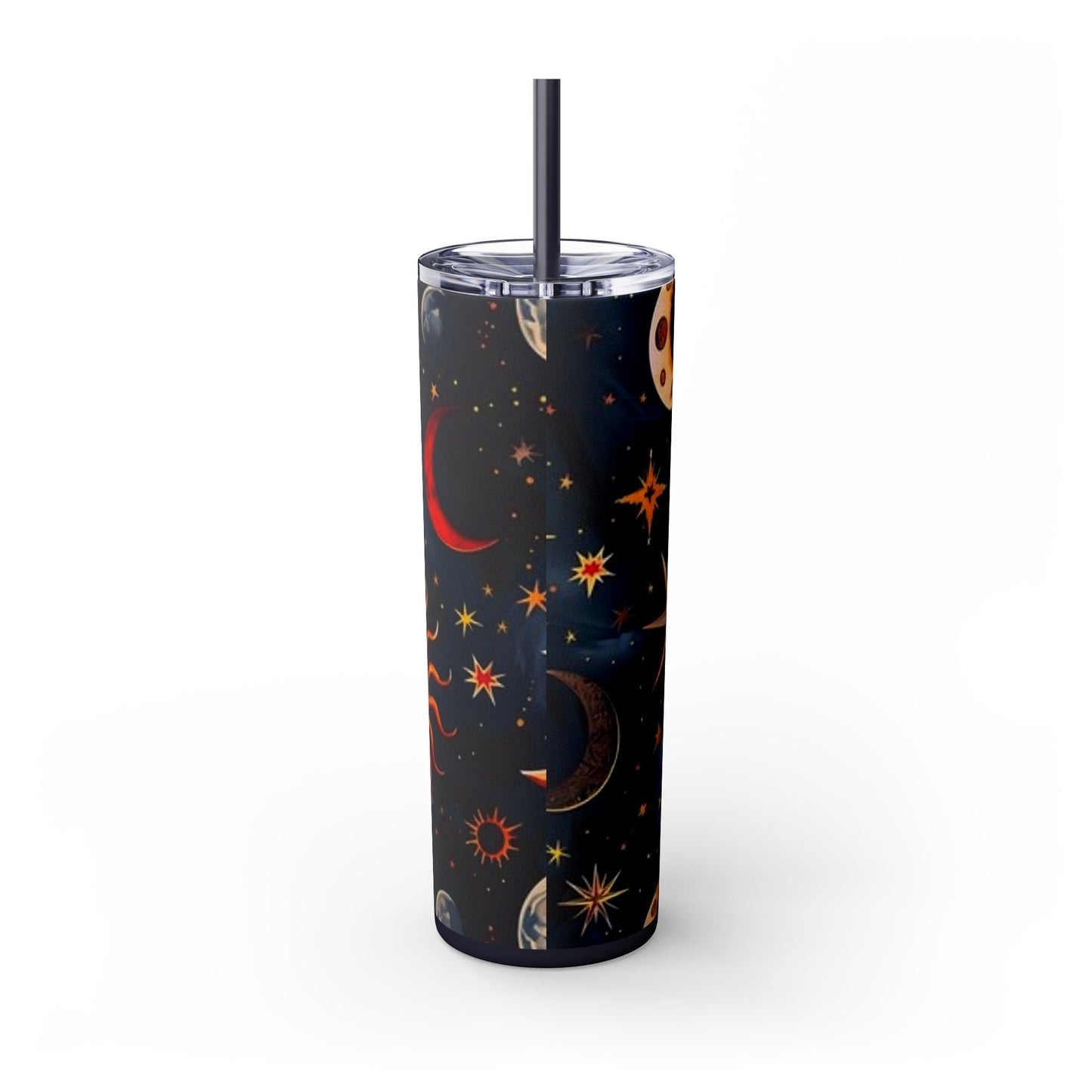 Celestial Skinny Tumbler, Moon Stars Sun Design, 20oz Cup with Straw, Galaxy. Free Domestic Shipping