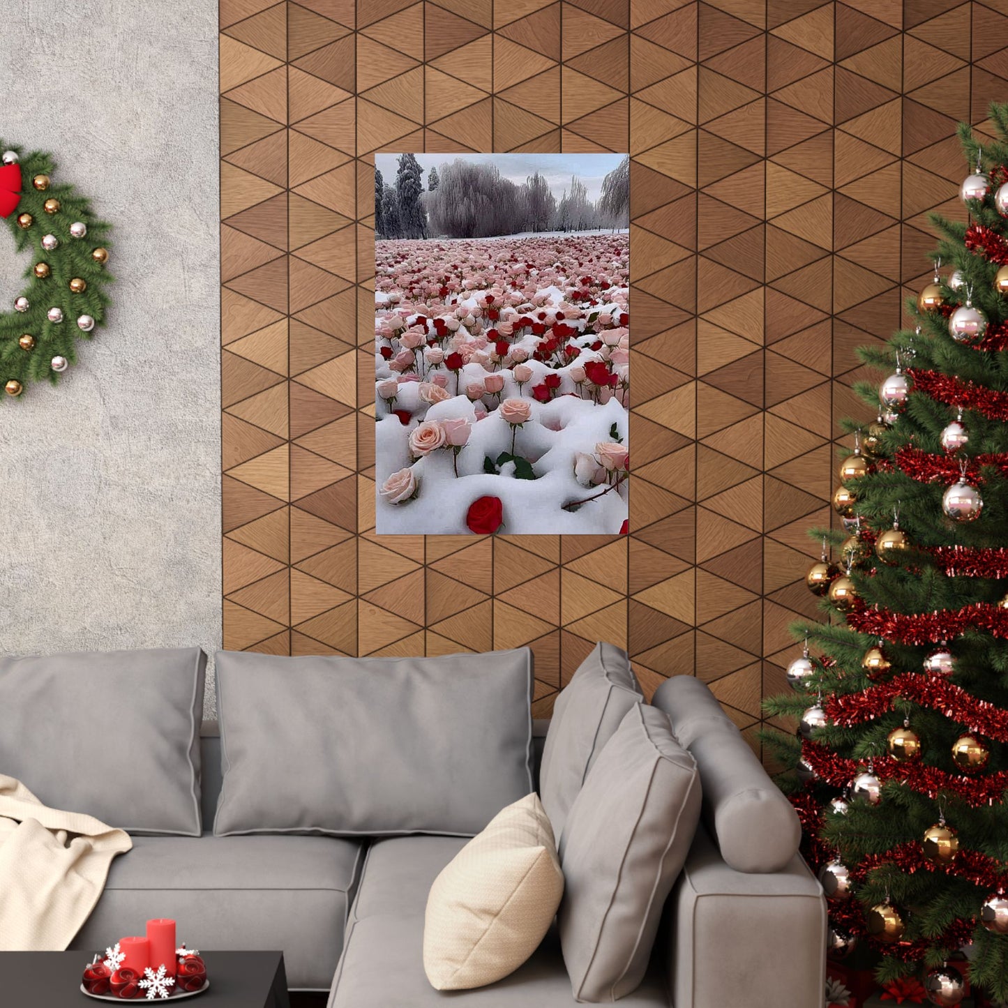 Red & Pink Matte Floral Wall Art in a beautiful bed of Snow