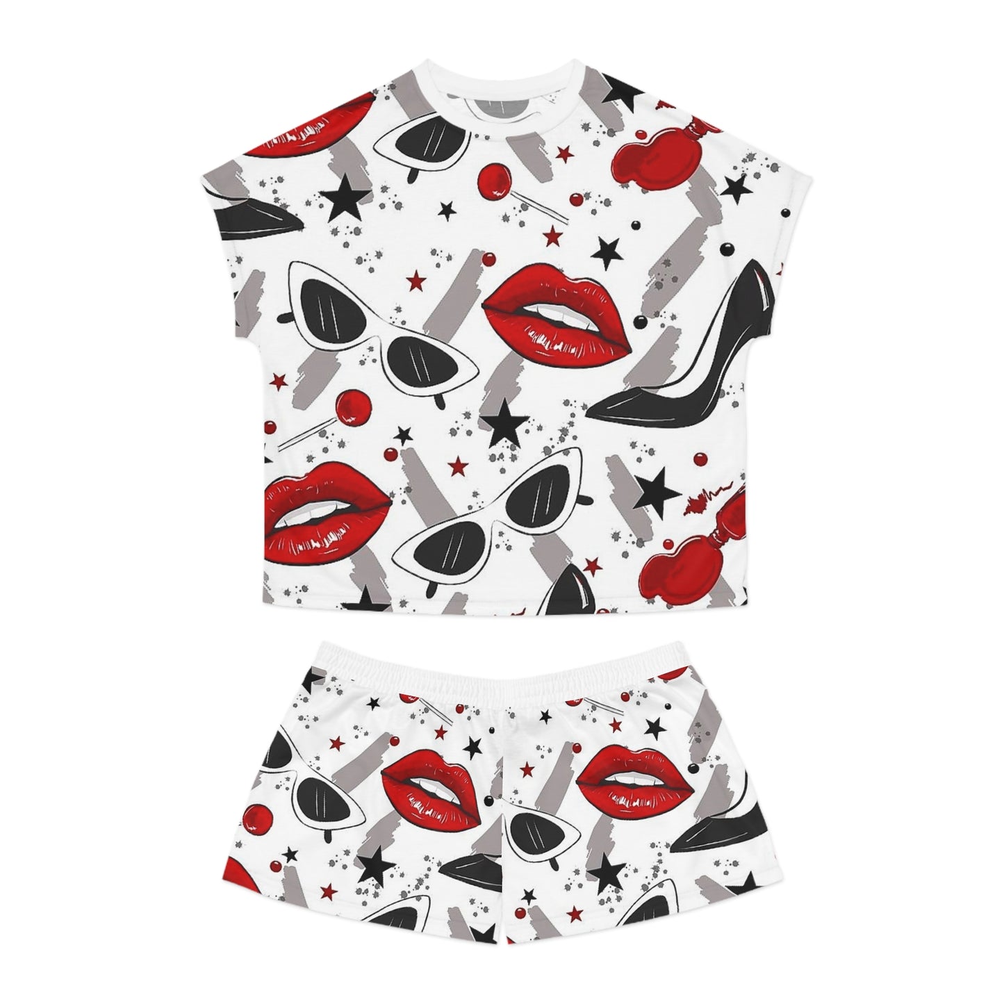 Women's Pajama Set with Lips, Stars, and Shades Design