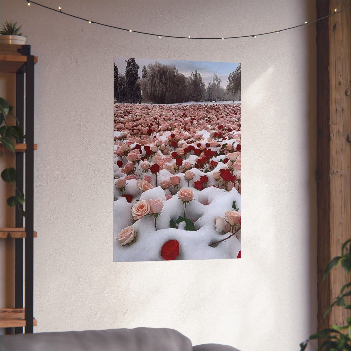 Red & Pink Matte Floral Wall Art in a beautiful bed of Snow