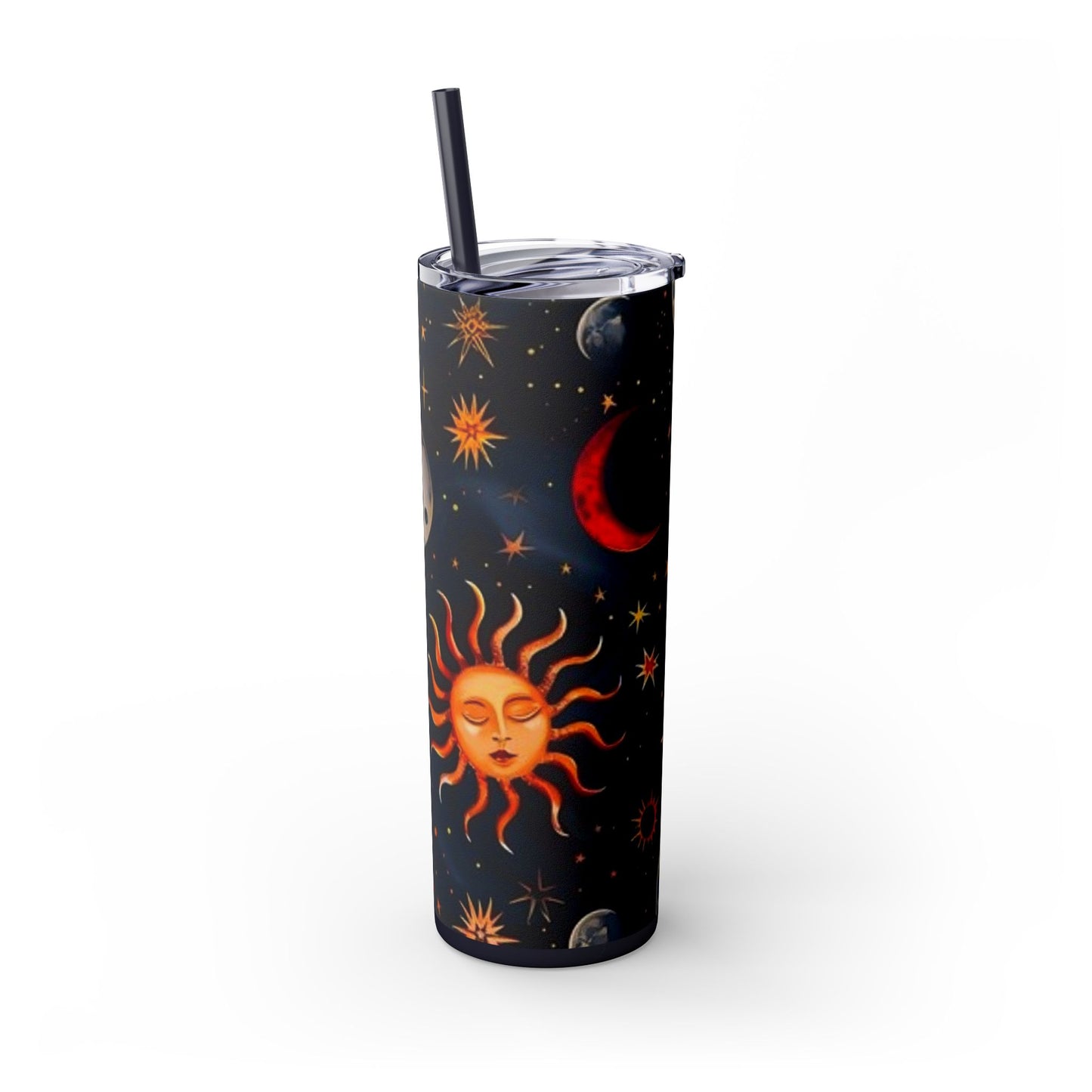 Celestial Skinny Tumbler, Moon Stars Sun Design, 20oz Cup with Straw, Galaxy. Free Domestic Shipping