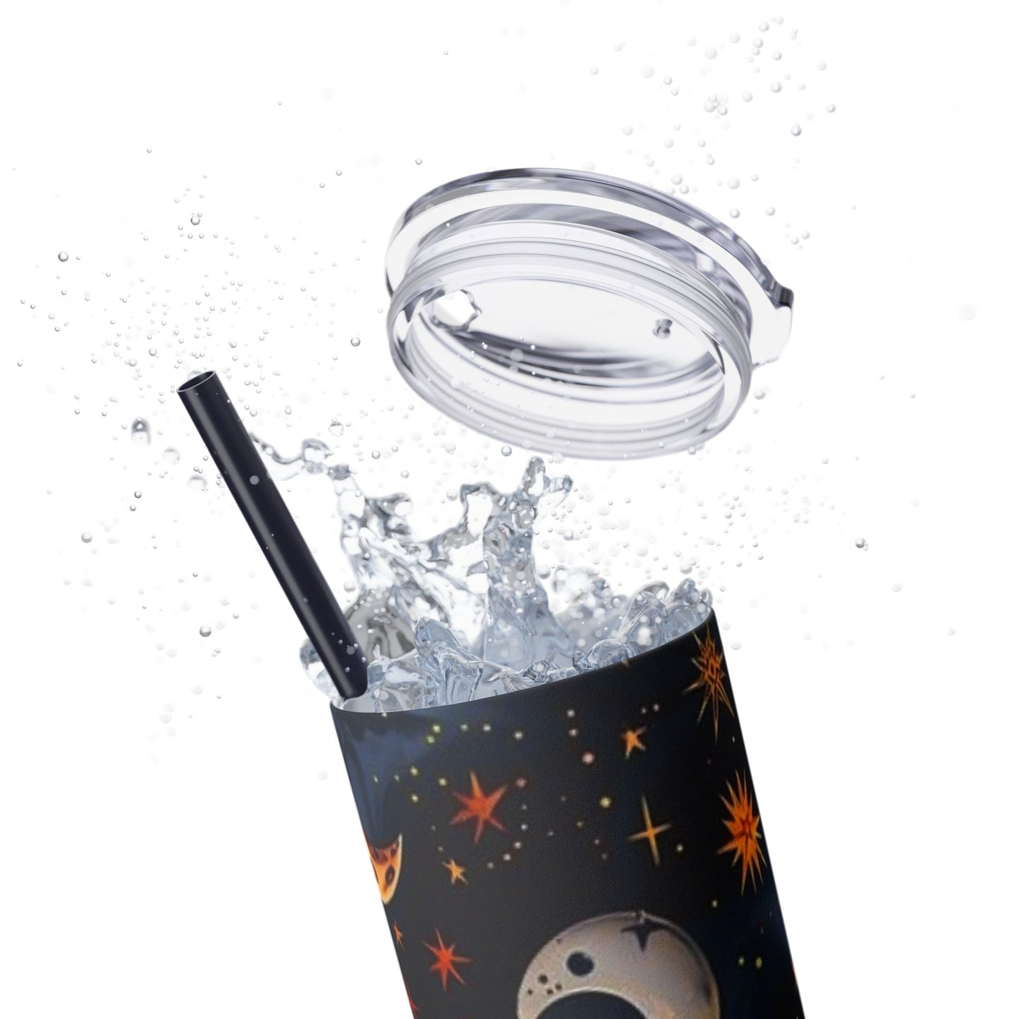 Celestial Skinny Tumbler, Moon Stars Sun Design, 20oz Cup with Straw, Galaxy. Free Domestic Shipping