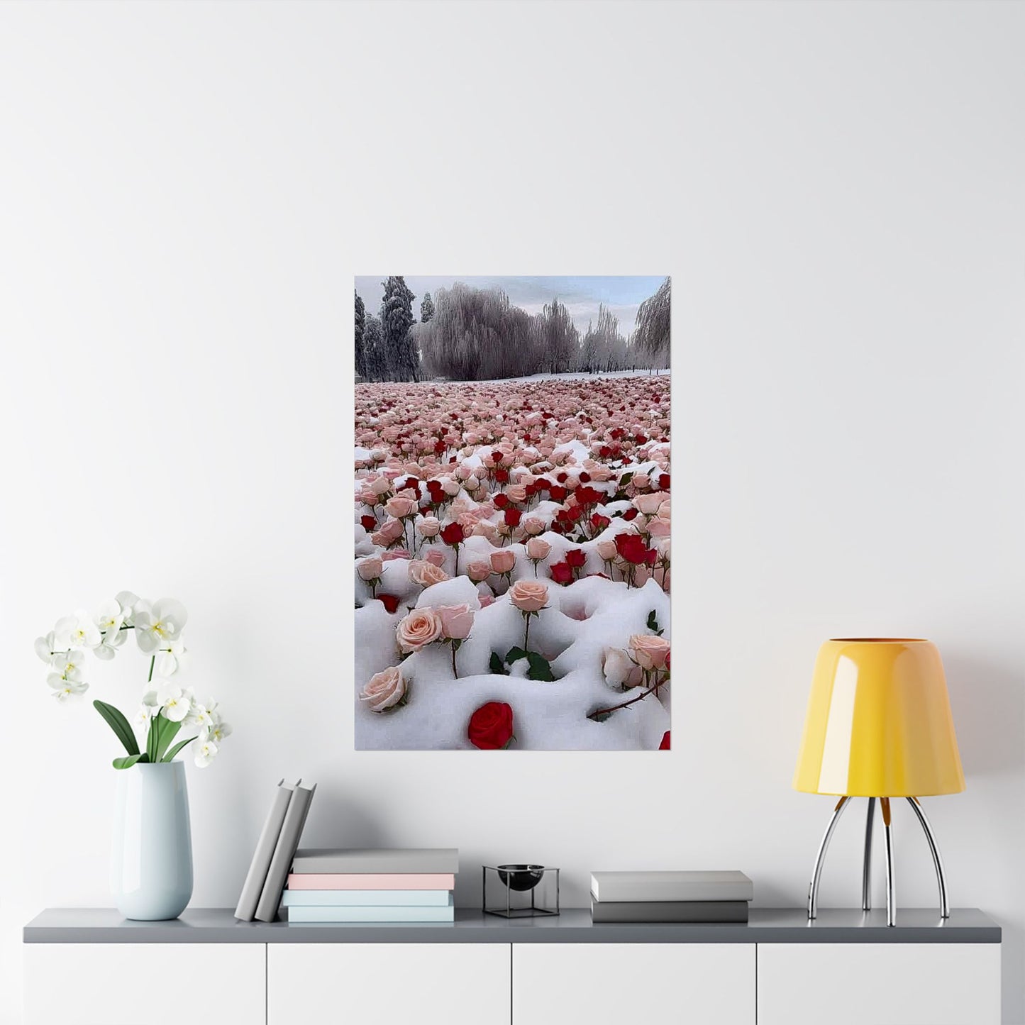 Red & Pink Matte Floral Wall Art in a beautiful bed of Snow