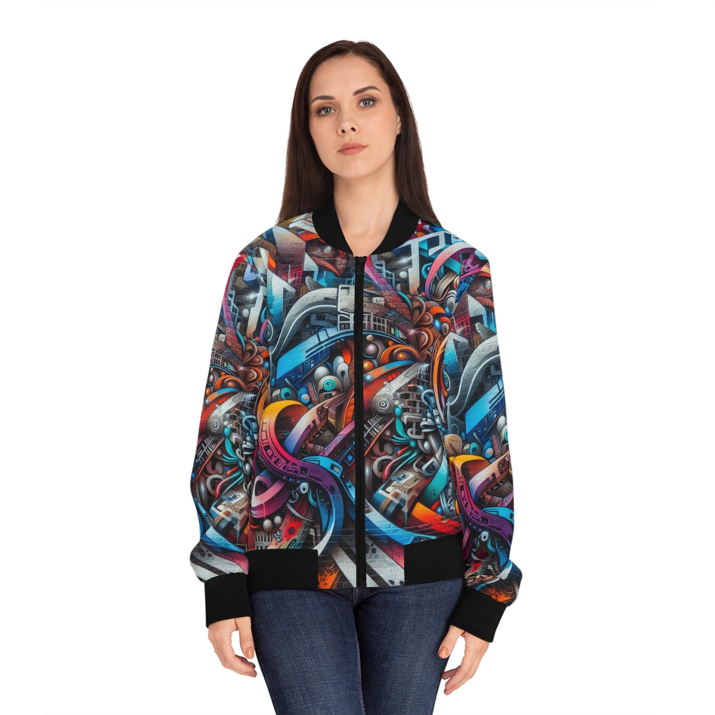 Graffiti Bomber Jacket, Street Style Women's Outerwear, Urban Fashion Coat, Trendy Hip Hop Clothing, Cool Graffiti Patterned Jacket