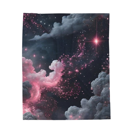 Velveteen Plush Blanket - Pink Clouds and Stars Design