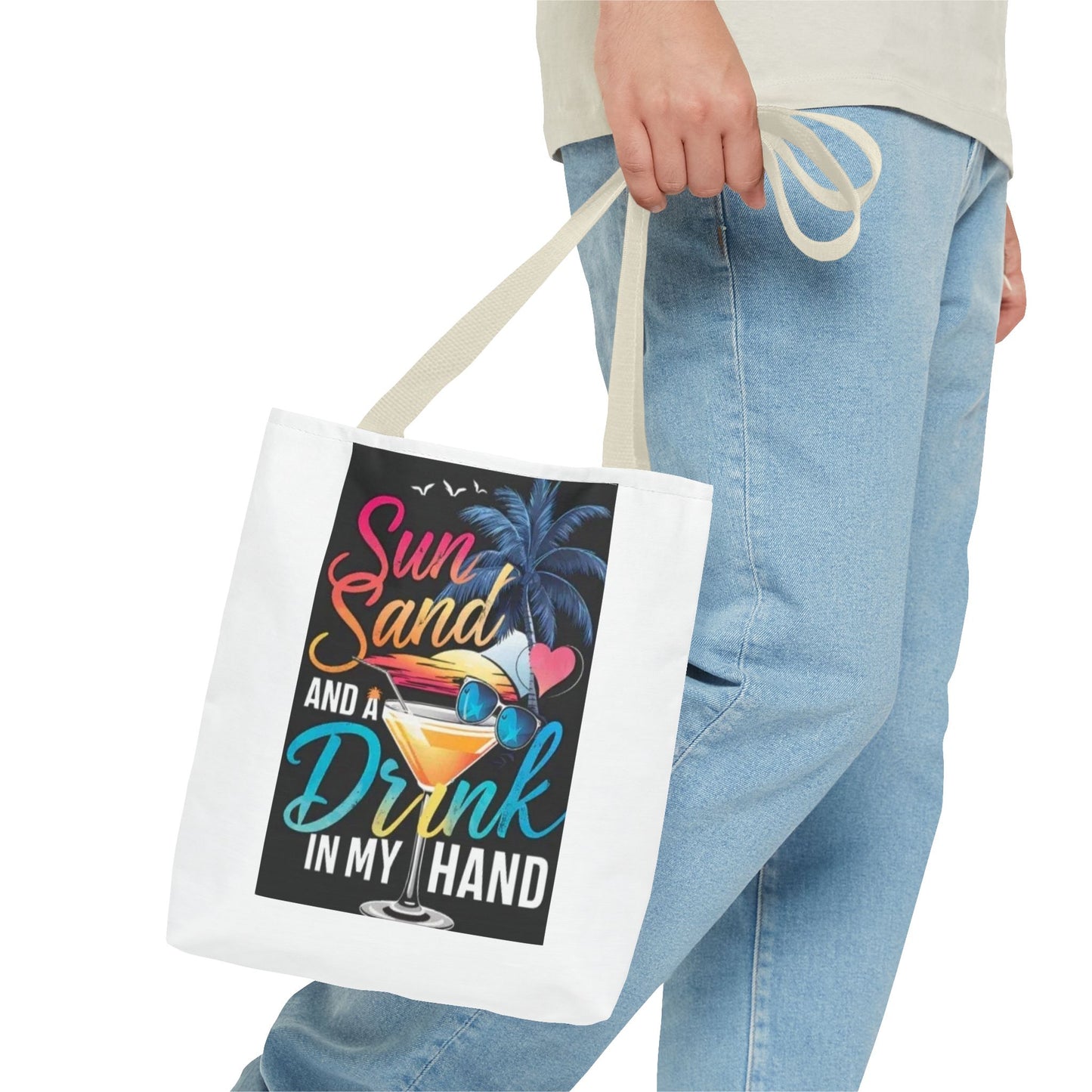 Beach Vibes Tote Bag, Sun Sand and a Drink in My Hand, Summer Tote, Vacation Bag, Beach Lover Gift, Travel Tote